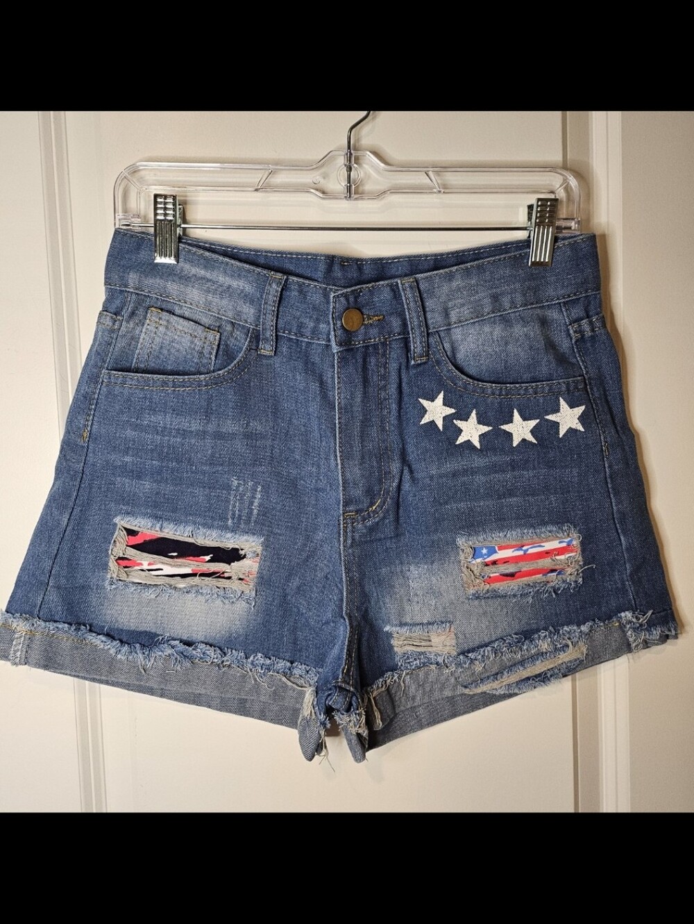 Women's Denim Shorts Star-Embellished Blue Distressed Women's High Rise Small - Picture 3 of 14